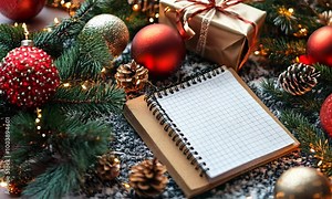 New Yearâ€™s resolution list written on a notepad, surrounded by festive decorations and a fresh calendar for the new year. . Video