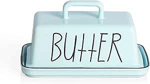Sweejar Ceramic Butter Dish with Handle Lid, 7.3 Inch Porcelain Large Butter Keeper with Cover, Perfect for East/West Butter (Turquoise)