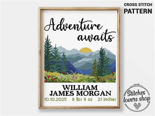 Mountains Birth Announcement | Nature Cross Stitch Pattern PDF | Easy DIY Xstitch Chart - Etsy