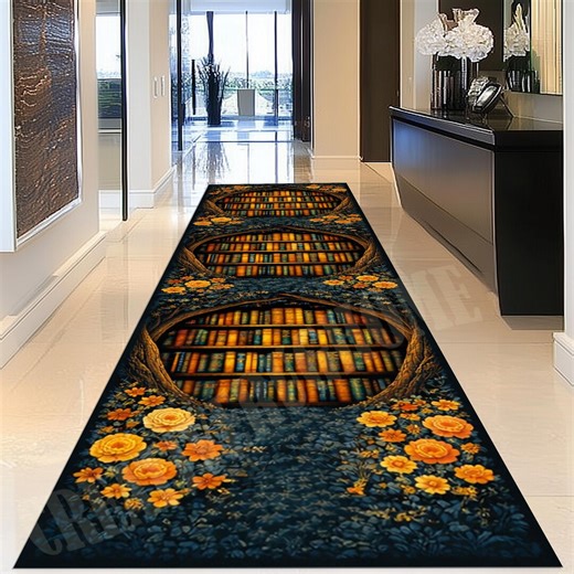 Library Botanical Rug Runner: Dark Blue Floral Pattern, Bookshelf Arch Design, Vintage Style Artistic Decor Carpet - Etsy