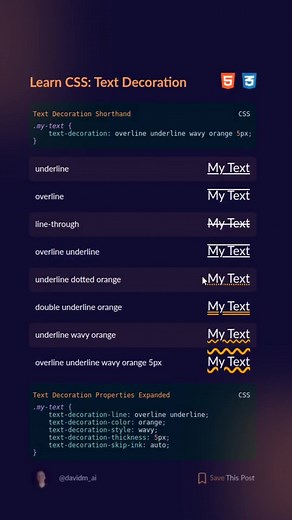 Text-decoration is a shorthand for a number of useful CSS text decoration properties for creating text underline, line through, color, thickness etc. 👨‍💻 Check this cheat sheet to explore new ways to emphasize text on your website 🚀 #css3 #csstricks #csstips #htmlcss #learncss #html5 #learnhtml #learntocode #learncoding #coders #codersoftiktok #coding #frontend #frontenddeveloper #reactjs #reactjsdeveloper #webdev #webdeveloper #programming #programmer #softwareengineer #softwaredeveloper #36