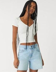 Stradivarius denim bermuda shorts in light blue | ASOS