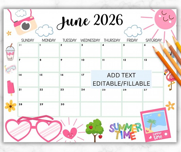 EDITABLE June 2026 Calendar, Printable Wall Calendar 2026, Cute Calendar for June Fillable, Monthly Classroom Calendar, Cute Family Calendar - Etsy