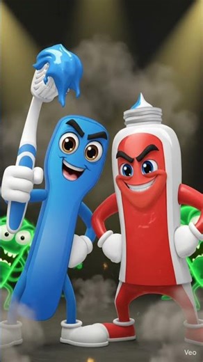 “Ultra-realistic 4K cinematic advertisement scene. Two animated characters – टूथब्रश and टूथपेस्ट