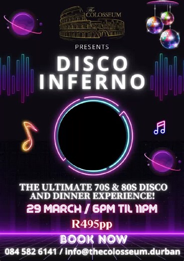 🎥 Lights, Music, Action – It’s DISCO TIME! 🎥Get ready to step back in time to the glitz, glam, and groove of the 70s & 80s! 🕺💃 Join us for a night of non-stop disco, delicious dining, and dazzling fun at The Colosseum! 🎶✨ #DiscoInferno #70sVibes #80sNostalgia #TonightWeBoogie #LetsGroove #FoodieFun #DiscoEats #DeliciousGrooves #RetroVibes #thecolosseumdurban #britanniahotel