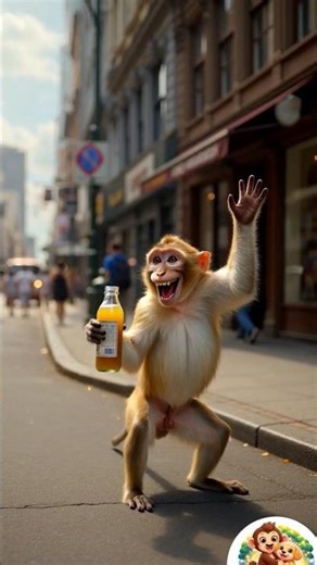Playful monkey takes a sip, magic spark appears, moves in funny zig-zag style with fast energetic.