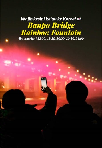Guys akhirnya rainbow fountain di banpo bridge balik lagi, biasanya mulainya april tapi tahun ini mulai 2 minggu lebih cepat, yang libur lebaran ke korea bisa banget nih liat ini 🥹✨ Cek jadwalnya disini: 📍649-1 Banpo-dong, Seocho-gu, Seoul (Banpo/Jamsugyo Bridge) 🕖 March-June, September-October: 12:00, 19:30, 20:00, 20:30, 21:00 July-August : 12:00, 19:30, 20:00, 20:30, 21:00, 21:30 ❗️ shownya 20 menit in total #seoul #korea #nightview #jalanjalan #tripkekorea