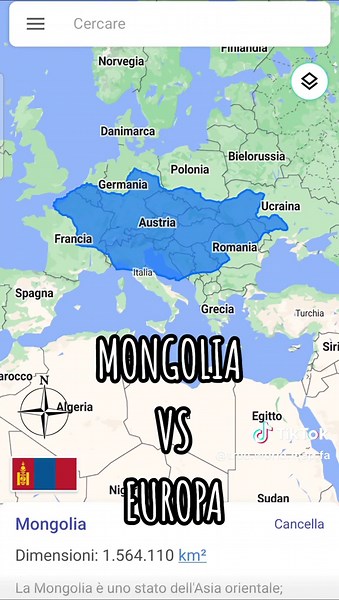 Comparativa del tamaño de Mongolia y Europa