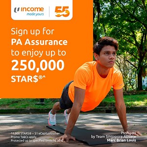 Enjoy up to 250,000 STAR$®^ when you sign up for PA Assurance! Stay protected with comprehensive personal accident coverage from PA Assurance. Get up to $20,000 medical expenses coverage per accident^ so you can focus on getting the right treatment for unexpected injuries. Find out more at www.income.com.sg/pa-assurance. #Willpowermadeyours​ ^1,000 STAR$® = $1 eCapitaVoucher. Promotion and policy terms and conditions apply. Protected up to specified limits by SDIC. | Income