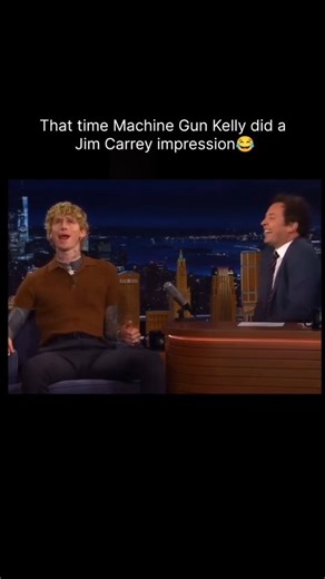 celebrityclipzone on Instagram: "When Machine Gun Kelly dropped by The Tonight Show Starring Jimmy Fallon in early August 2025, he surprised everyone, not just with talk of his upcoming projects, but by breaking into a spot-on impression of Jim Carrey. As he admitted earlier on social media, “growing up, Jim Carrey was dad, there’s no other explanation for my rubbery face,” and on stage his impression nailed some of Carrey’s most iconic mannerisms and facial expressions, capturing both the humor
