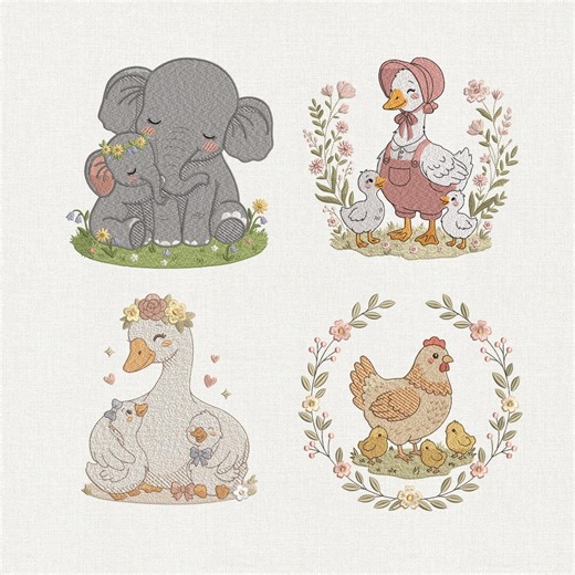 Farm Animal Mama Embroidery Bundle, Elephant, Goose, Chicken Designs (digital Download) - Etsy