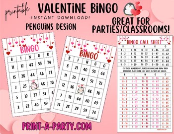 Valentine Penguins Bingo Game 50 unique cards with call sheet   number cut outs