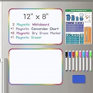 2-Pack Magnetic Dry Erase Board for Fridge, 12" x 8" Refrigerator Whiteboard, Reusable Blank Notepad with Kitchen Conversion Chart, 8 Markers & 1 Eraser,Organization Planner for Home and Kitchen