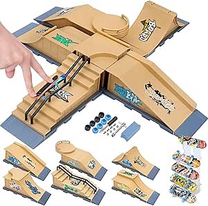 Finger Skateboards Ramp Set, 6 in 1 Fingerboard Skatepark Deck with 6 Ramps, Fingerboard Half Pipe Ramp for Kids Adults Fingerboard Training Props Interactive Freestyle Skate Game, Yellow