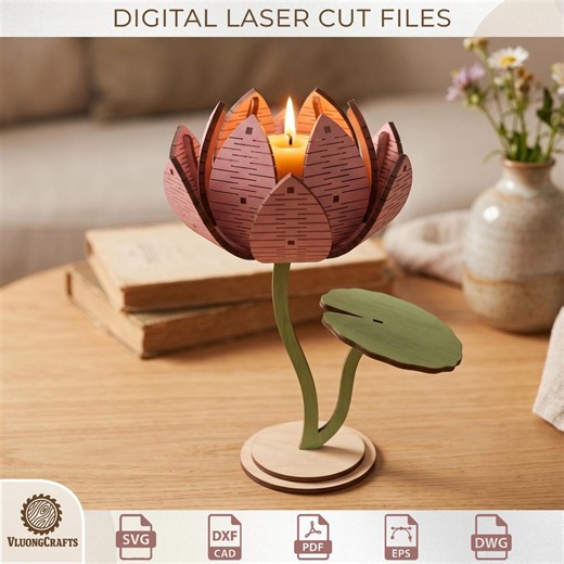 3D kaarshouder lotusbloem SVG, houten theelichtje lasergesneden, woondecoratie - Etsy Nederland