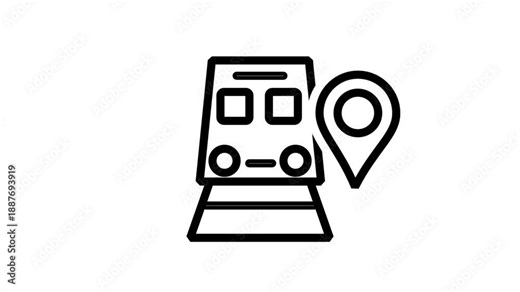 Train Station icon animation. Train front view with location pin icon representing railway station, public transportation, and travel.