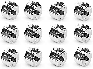 12 Pcs Hand Tally Counter,4 Digit Display Clicker Counter Metal Mechanical Handheld Pitch Counter Clicker with Finger Ring for Row Sport Coach School Event - Silver