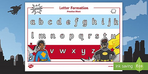 Superhero Letter Formation Alphabet Handwriting Practice Sheet (Lower Case)