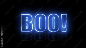 BOO! neon sign. Boo text font with neon light. Luminous and shimmering haze inside the letters of the text Boo. Halloween Concept. Can be used for halloween.