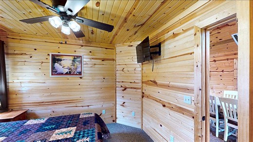 CABIN OF THE WEEK ⭐️ MAKING MEMORIES This cabin features two private bedrooms (one with a king bed, the other with a queen bed). It has a split bedroom floor plan. Sleeps 7. The living room has a sofa sleeper and a chair that makes into a twin size bed. You can use the electric fireplace for the cooler evenings. Take a walk to Stockton Lake or enjoy the Lodge with an outdoor fireplace, sand volleyball court and playground. There is a beach and boat dock a short driving distance from the cabin. W