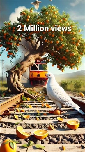 Train, Oranges & Dove – A Surreal Dream on Railway Tracks 🚂🍊🕊️"
