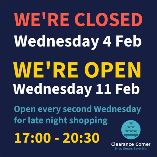 REMINDER: We’re closed today - Wednesday 4 February. Our next late night shopping event is back on Wednesday 11 February 17:00 - 20:30. 🏃‍♀️💨 Head down to Clearance Corner to grab deals you might not even realise you needed/wanted 🙉 ↪️ Open Sat 7 & Sun 8 Feb | 10:00 - 16:00 🅿️ There’s plenty of on street parking available. 🏷️ Don’t forget to share the love by tagging your friends and family too 🤩 🧍‍♂️🧍‍♀️ We’re open directly to the public every Saturday and Sunday 🕰️ 10:00 - 16:00 📍 17