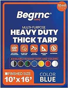 Multipurpose Protective Cover Blue Poly Waterproof Tarps - Durable, Water Resistant, Weather Resistant - 10 Mil Thick Polyethylene Tarps (Blue, 10′X16′)