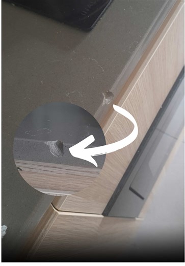 This tiny chip could have cost a whole benchtop. One knock on the edge left a visible chip in this engineered stone. Right on the front edge where everyone could see it. Most people think that means an expensive replacement. ✔️ Cleaned and prepared the chipped edge ✔️ Colour matched the engineered stone repair material ✔️ Rebuilt and reshaped the edge for a seamless finish Now the benchtop edge looks solid again for a fraction of replacement cost. 📍 Engineered stone benchtop repairs 💻 Get a fa