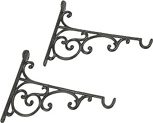 Zeckos Set of 2 Ornate Cast Iron Scroll Design Wall Shelf Brackets with Hooks, Decorative Plant Hangers, Rustic Brown Finish, 10.75 Inches Long, Elegant Vintage Decor