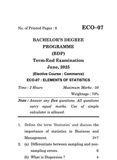 ECO-07 June 2025 | IGNOU Previous Year Question Paper