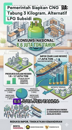 Pemerintah Siapkan CNG Tabung 3 Kilogram, Alternatif LPG Subsidi Pemerintah siapkan CNG tabung 3 kg sebagai pengganti LPG subsidi untuk rumah tangga, lebih murah 30–40 persen, berbahan gas alam domestik, dan ramah lingkungan. #EnergiNasional #CNG #SubstitusiLPG #DiversifikasiEnergi #RumahTangga