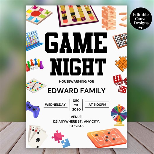 Editable Game Night Theme Invitation, Printable Board Games Family Bonding, Custom Housewarming Party Invite, Canva Template, PDF Download - Etsy
