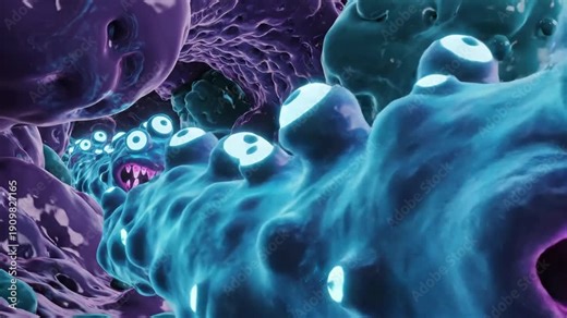 Terrifying microscopic invasion of blue glowing cartoon bacteria with sharp teeth, perfect for science, disease, or horror projects.