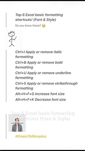 Top 6 Excel basic formatting shortcuts! (Font & Style) #onein7billionplus #excelshortcuts
