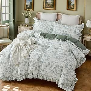 Brandream French Country Garden Toile Floral Printed Duvet Quilt Cover King Size 100% Cotton Bedding Set Vintage Green Toile Tapestry Pattern Blossom Tree Branches Delicate Ruffle Fringe Design