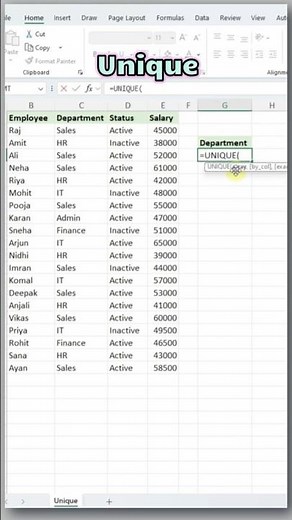 UNIQUE Function in Excel | Create a Unique Department List Instantly ⚡