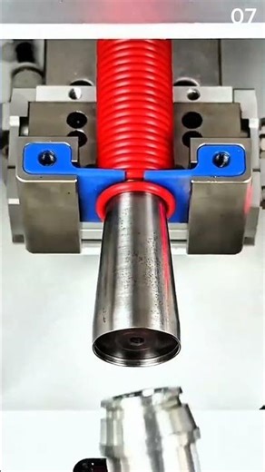 Inspecting spring-loaded shaft with blue mounting brackets
