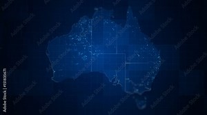 Global Blue World Map Loop . This animated blue Australia map with visual effects and glowing connections in different places on the map.
