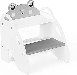 Frog-Themed Toddler Step Stool, 2-Step Stool for Bathroom Sink & Potty Training, Kids Kitchen Helper Stool with Safety Handles (Natural Wood, 120lbs Capacity),Gray