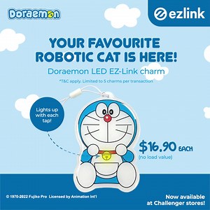 The cat’s out of the bag. Your favourite robotic cat, the Doraemon LED EZ-Link charm, is here. With each tap on public transport, the red collar bell lights up! Get it now at Challenger stores for just $16.90 each (no load value). Terms and conditions apply. Limited to 5 charms per transaction. #EZLink #Doraemon | EZ-Link