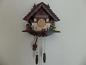 Traditional Black Forest Cuckoo Clock Handcrafted Dog & Family Decor Quartz German Design Wooden Pendulum Musical Auto Night Mode Dark Walnut 11.3"