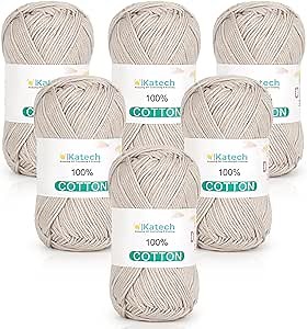 Katech Pure Cotton Yarn for Crocheting & Knitting – Soft Sport Weight CYC #2, 6 Skeins (50g Each, 300g Total), Ideal Crochet Yarn for Dishcloths, Baby Clothes, Socks, Lightweight Scarves（Beige）