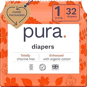 Pura Hypoallergenic Diapers, Size 1 (4-11 lbs), Newborn, Totally Chlorine Free, Wetness Indicator, Suitable for Sensitive Skin, Soft Organic Cotton Comfort, Overnight, 1 Pack of 32 Baby Diapers