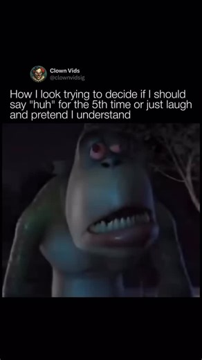 @clownvids on Instagram: "This video insightfully visualizes one of the most awkward and common social dilemmas: the point in a conversation where you have repeatedly failed to hear or understand what the other person is saying. The animated character’s face is stretched and contorted into a look of profound internal conflict, perfectly embodying the mental struggle of the moment. The text, “How I look trying to decide if I should say ‘huh’ for the 5th time or just laugh and pretend I understand