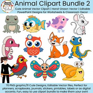 Animal Clipart Set 2, Cute Cartoon Animals, Editable Vector, Teacher Graphics