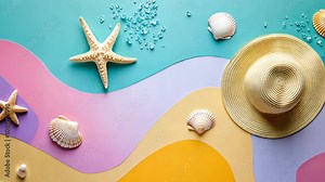 Seashells, starfish, and a straw hat are arranged on a colorful background, creating a beachy summer scene