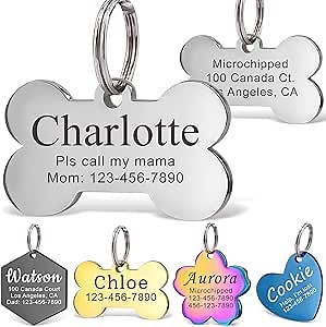 Anavia Personalized Pet ID Tags, Stainless Steel Glossy Laser Engraved Dog Cat Collar Name Tags, Multiple Colors Shapes Sizes (Bone, Regular)