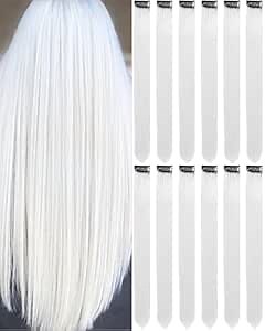 22 Inch Colored White Hair Extensions Party Highlights, Straight Hairpiece Clip in Synthetic Hair Extensions for Kids Girls (12 Pcs White)