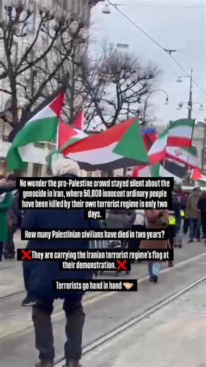 Mehrad & Leo Yousefi on Instagram: "No wonder the pro-Palestine crowd stayed silent about the genocide in Iran, where 50,000 innocent ordinary people have been killed by their own terrorist regime. How many Palestinian civilians have died in two years? ❌They are carrying the Iranian terrorist regime’s flag at their demonstration.❌ Terrorists go hand in hand 🫱🏻‍🫲🏼 #freeiran #iranregimechange #iranrevolution2026 #kingrezapahlavi"