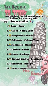 Part 6 🎧 Italian Vocabulary with Pronunciation 🇮🇹🗣️Learn essential Italian words with correct pronunciation and English meaning!Perfect for beginners who want to speak Italian clearly and confidently. 💬✨ #LearnItalian #ItalianPronunciation #ItalianVocabulary #SpeakItalian #ItalianForBeginners #LanguageLearning #ParoleItaliane #DailyItalian #ItalianWords #StudyItalian #ItalianLessons | Piccolo Maestro